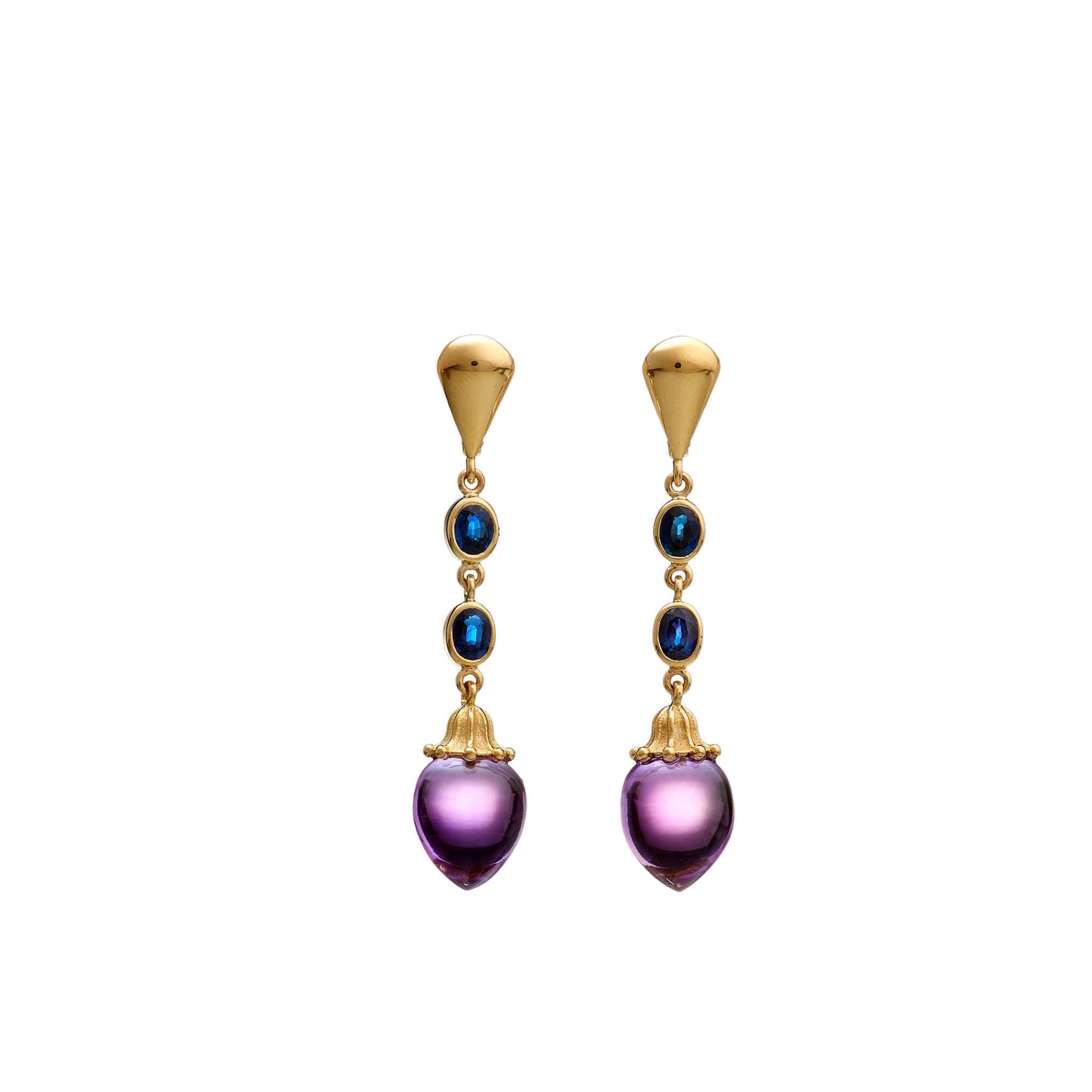 Deep Water earrings with sapphire and amethyst.